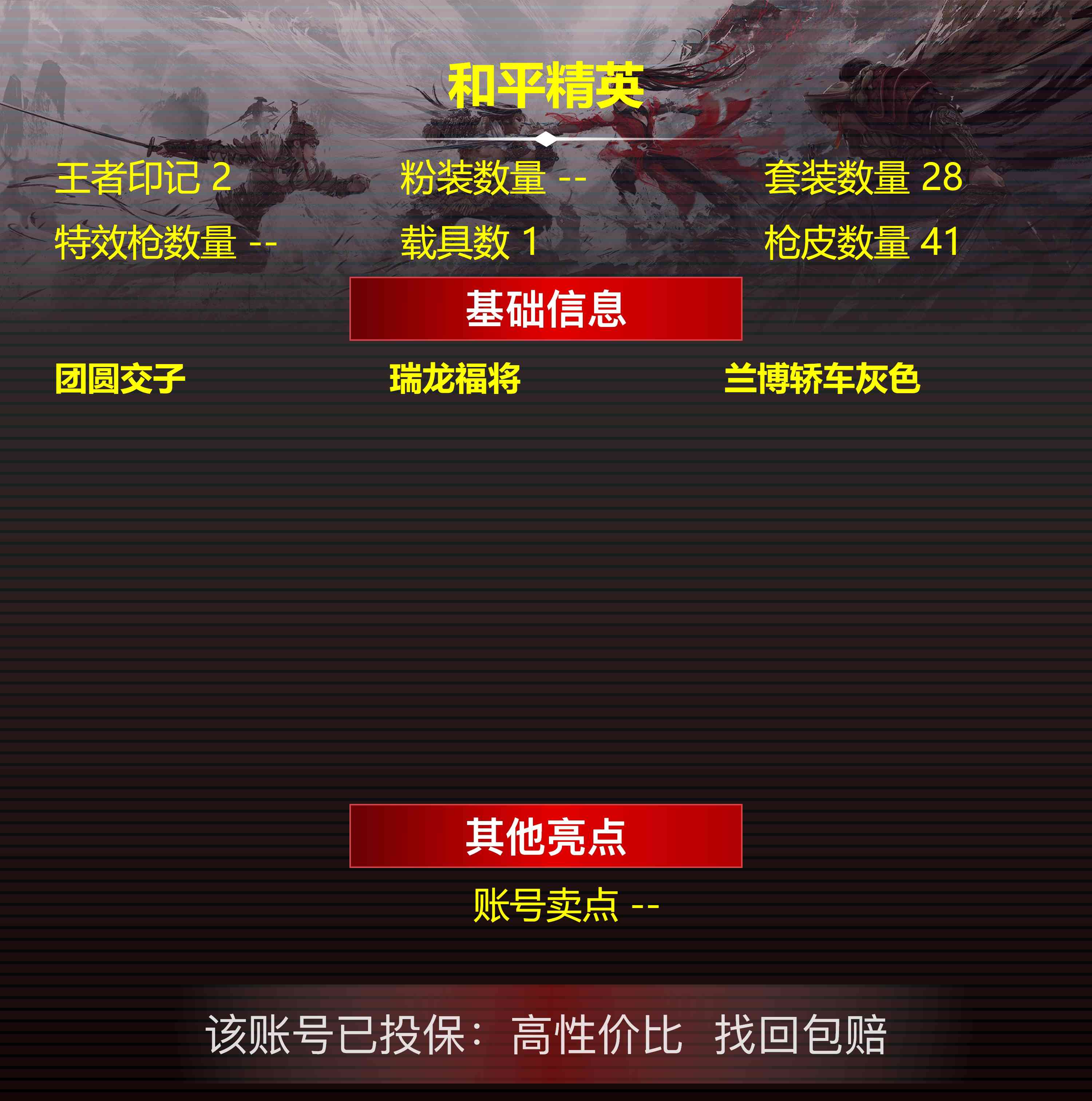 和平精英账号安卓QQ【2719】2王牌印记-0粉装-0特效枪-41枪皮-28套装-1载具  【1载具】 兰博轿车灰色 【